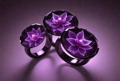 The primary subject of the image is a pair of purple rings with flower designs on them. The rings are placed on a purple surface, which adds to the overall mood of the image. The visual style of the image is a combination of photo and digital art, creating a unique and eye-catching design. The dominant colors in the image are purple and pink, which contribute to the overall atmosphere of the scene.