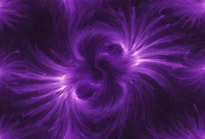 The primary subject of the image is a purple spiral, which appears to be a digital art or illustration. The setting is a black background, and the visual style is a combination of a photo and a digital artwork. The dominant colors in the image are purple and black, creating a mood of mystery and intrigue.