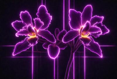 The primary subject of the image is a purple orchid flower. The setting is a dark background, which contrasts with the bright purple color of the flower. The visual style appears to be a digital art or illustration, as the flower is depicted in a stylized manner. The dominant colors are purple and pink, creating a serene and elegant atmosphere.