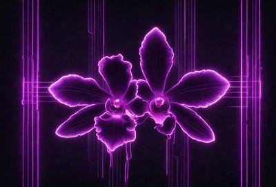 The primary subject of the image is a purple flower with two green leaves. The setting is a dark background, which creates a dramatic and moody atmosphere. The visual style is a combination of digital art and illustration, giving the image a unique and artistic appearance. The dominant colors are purple and green, with the purple flower being the focal point of the image.
