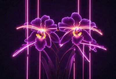 The primary subject of the image is a pair of purple orchids, which are the main objects in the scene. The setting is a dark background, which contrasts with the vibrant purple flowers. The visual style of the image is a combination of photo and digital art, creating a unique and eye-catching display. The dominant colors in the image are purple and pink, giving the scene a warm and inviting atmosphere.
