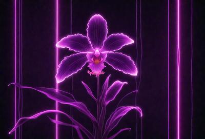 The primary subject of the image is a purple flower with a long stem. The setting is a dark room, and the visual style appears to be a digital art or illustration. The dominant colors in the image are purple and pink, creating a calm and serene atmosphere.