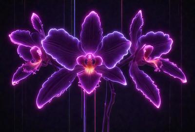 The primary subject of the image is a purple orchid flower. The setting is a dark background, which creates a dramatic and moody atmosphere. The visual style is a combination of a photo and digital art, giving the image a unique and artistic appearance. The dominant colors are purple and pink, which contribute to the overall mood of the image.
