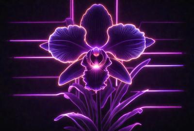 The primary subject of the image is a purple orchid flower. The setting is a dark room with a purple background, creating a moody atmosphere. The visual style is a combination of a photo and digital art, with the flower being the main focus. The colors and mood of the image are predominantly purple, giving it a unique and artistic appearance.