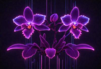 The primary subject of the image is a purple orchid flower. The setting is a dark background, which creates a dramatic and moody atmosphere. The visual style is a digital art or illustration, as the flower appears to be glowing and has a vibrant purple hue. The colors and mood of the image evoke a sense of mystery and beauty.