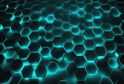 The primary subject of the image is a blue and green patterned surface, which appears to be a honeycomb-like structure. The setting is a dark background, which contrasts with the bright blue and green colors of the pattern. The visual style of the image is a close-up of the pattern, showcasing its intricate details. The colors and mood of the image are vibrant and energetic, with the blue and green hues creating a sense of depth and complexity.