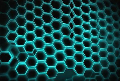The primary subject of the image is a close-up of a blue and green honeycomb pattern. The setting is a dark background, which contrasts with the bright colors of the honeycomb pattern. The visual style appears to be a digital art or illustration, as the honeycomb pattern is intricately detailed and the colors are vibrant. The overall atmosphere of the image is one of depth and complexity, as the honeycomb pattern creates a sense of depth and intricacy in the design.