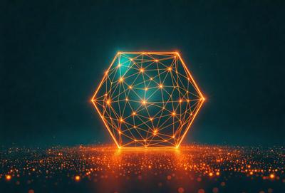 The primary subject of the image is a three-dimensional geometric shape, which appears to be a cube or a similar structure. The shape is illuminated by a bright light, giving it a glowing and eye-catching appearance. The setting is a dark background, which contrasts with the brightly lit geometric shape. The visual style of the image is a combination of digital art and illustration, creating a unique and captivating visual effect. The colors and mood of the image are predominantly orange and vibrant