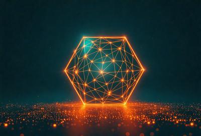 The primary subject of the image is a large, illuminated, three-dimensional geometric shape, possibly a cube or a pyramid, with a glowing, neon-like appearance. The setting is a dark background, which contrasts with the brightly lit geometric shape. The visual style is a combination of digital art and illustration, creating a unique and eye-catching design. The colors and mood of the image are predominantly dark and mysterious, with the brightly lit geometric shape serving as a foc