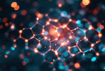 The primary subject of the image is a close-up of a blue and orange molecule, which appears to be a digital art or illustration. The setting is a dark background, which contrasts with the bright colors of the molecule. The visual style is a detailed and intricate representation of the molecule, showcasing its structure and composition. The colors and mood of the image are vibrant and energetic, with the blue and orange hues creating a sense of depth and complexity.