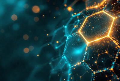 The primary subject of the image is a close-up of a blue and yellow hexagonal pattern, which appears to be a digital art or illustration. The setting is a dark background, which contrasts with the bright colors of the hexagons. The visual style is a combination of digital art and illustration, creating a unique and eye-catching pattern. The colors and mood of the image are vibrant and energetic, with the blue hexagons providing a sense of calmness and the yellow hexagons
