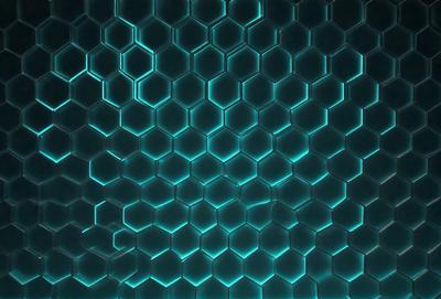 The primary subject of the image is a blue and green patterned wall. The setting is a room with a blue and green tiled wall, which serves as the background. The visual style is a combination of digital art and illustration, creating a unique and vibrant atmosphere. The dominant colors are blue and green, which contribute to the overall mood of the image.