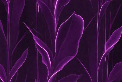 The primary subject of the image is a close-up of purple leaves, which are the main objects in the scene. The setting is a dark background, which contrasts with the purple leaves. The visual style is a digital art or illustration, as the leaves are depicted in a detailed and artistic manner. The dominant colors in the image are purple and black, creating a moody and dramatic atmosphere.