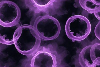 The primary subject of the image is a purple ring with a hole in the center. The setting is a dark background, and the visual style appears to be a combination of a photo and digital art. The dominant colors are purple and black, creating a moody and mysterious atmosphere.