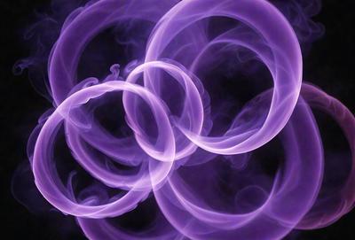 The primary subject of the image is a purple smoke ring, which is the main object, scene, or focus of the image. The setting/background features a dark background, which adds to the overall atmosphere. The visual style of the image is a combination of photo and digital art, creating a unique and intriguing visual effect. The colors and mood of the image are predominantly purple, which gives it a mysterious and captivating appearance.