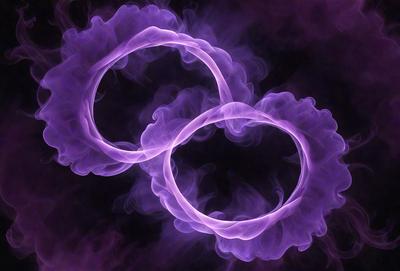 The primary subject of the image is a purple, swirling, and glowing artistic representation of two intertwined circles. The setting is a dark, purple background that contrasts with the vibrant colors of the circles. The visual style is a combination of digital art and illustration, creating a unique and captivating piece of art. The colors and mood of the image are predominantly purple, which gives it a mysterious and enchanting atmosphere.