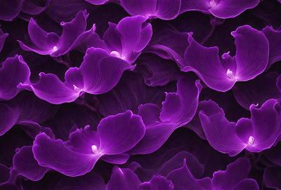 The primary subject of the image is a close-up of purple flowers. The setting is a purple background, which creates a visually striking contrast with the flowers. The visual style appears to be a combination of a photo and digital art, as the flowers are depicted in a detailed and artistic manner. The colors and mood of the image are predominantly purple, giving it a calm and serene atmosphere.