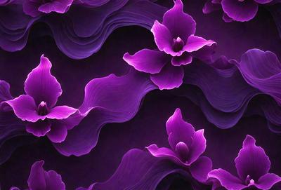 The primary subject of the image is a purple flower, which is the main object, scene, or focus of the image. The setting or background features a purple and blue patterned background, which adds to the visual style of the image. The visual style of the image is a combination of photo and digital art, creating a unique and eye-catching display. The dominant colors in the image are purple and blue, giving the image a calm and serene atmosphere.