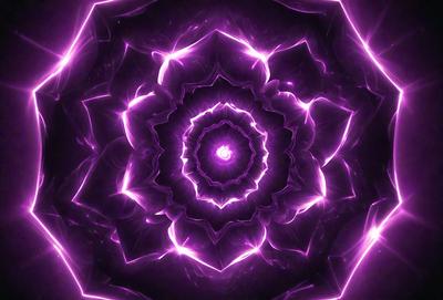 The primary subject of the image is a purple flower with a bright center, surrounded by a purple background. The visual style appears to be a digital art or illustration, with the flower's petals and center being the main focus. The colors and mood of the image are predominantly purple, creating a serene and calming atmosphere.
