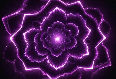 The primary subject of the image is a purple flower with a yellow center, which is the focal point of the scene. The setting is a dark background, which contrasts with the vibrant colors of the flower. The visual style of the image is a combination of photo and digital art, creating a unique and eye-catching representation of the flower. The dominant colors in the image are purple and yellow, giving the image a bold and striking appearance.