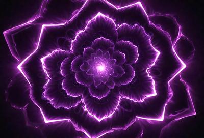The primary subject of the image is a purple flower with a yellow center, which is the focal point of the scene. The setting is a dark background, which contrasts with the vibrant colors of the flower. The visual style of the image is a combination of a photo and digital art, creating a unique and eye-catching representation of the flower. The dominant colors in the image are purple and yellow, giving the image a bold and striking appearance.