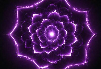 The primary subject of the image is a purple flower with a yellow center, which is the focal point of the scene. The setting is a dark background, which contrasts with the vibrant colors of the flower. The visual style of the image is a combination of photo and digital art, creating a unique and eye-catching representation of the flower. The dominant colors in the image are purple and yellow, giving the image a bold and striking appearance.