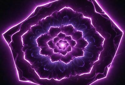 The primary subject of the image is a purple flower with a bright center, surrounded by a purple background. The visual style of the image is a combination of a photo and digital art, creating a unique and eye-catching design. The colors and mood of the image are predominantly purple, giving it a calming and serene atmosphere.