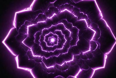 The primary subject of the image is a purple flower with a circular shape. The setting is a dark background, which contrasts with the bright purple flower. The visual style is a combination of a photo and digital art, creating a unique and eye-catching design. The dominant colors are purple and black, giving the image a bold and striking appearance.