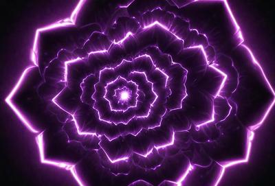 The primary subject of the image is a purple flower with a circular shape. The setting is a dark background, which contrasts with the bright purple flower. The visual style is a combination of a photo and digital art, creating a unique and eye-catching design. The dominant colors are purple and black, giving the image a bold and striking appearance.