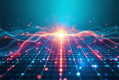 The primary subject of the image is a brightly colored, geometric pattern. The setting is a blue background, which contrasts with the vibrant colors of the pattern. The visual style is a combination of digital art and illustration, creating a unique and eye-catching design. The dominant colors are red, blue, and green, giving the image a lively and energetic atmosphere.