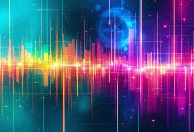 The primary subject of the image is a colorful, abstract sound wave. The setting is a space-themed background, which adds to the overall visual style. The colors and mood of the image are vibrant and energetic, with a mix of blue, pink, yellow, and green hues. The combination of these elements creates a dynamic and engaging visual experience.