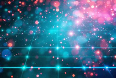 The primary subject of the image is a brightly colored, neon-lit background with a blue hue. The setting is a futuristic, space-themed environment, likely a video game or an artistic creation. The visual style is a combination of digital art and illustration, creating a vibrant and dynamic atmosphere. The dominant colors are blue, green, and pink, with the blue hue being the most prominent. The overall mood of the image is energetic, lively, and visually striking