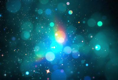 The primary subject of the image is a brightly colored, swirling, and glowing star field. The setting is a dark, starry sky, with the star field as the main focus. The visual style is a combination of a photo and digital art, creating a vibrant and dynamic scene. The colors and mood of the image are predominantly blue and green, with a sense of wonder and awe.