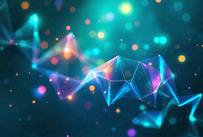 The primary subject of the image is a geometric pattern made up of various shapes, such as triangles and squares. The setting is a blue background, which creates a contrasting and visually appealing environment. The visual style of the image is a combination of digital art and illustration, as it features a three-dimensional representation of the geometric pattern. The dominant colors in the image are blue and purple, which contribute to a calm and serene atmosphere.
