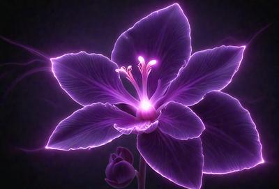 The primary subject of the image is a purple flower with a bright yellow center. The flower is located in a dark environment, possibly a nighttime setting. The visual style of the image is a combination of photo and digital art, creating a unique and eye-catching display. The dominant colors in the image are purple and yellow, which create a striking contrast against the dark background. The overall atmosphere of the image is one of beauty and elegance, as the purple flower stands out against the night sky.
