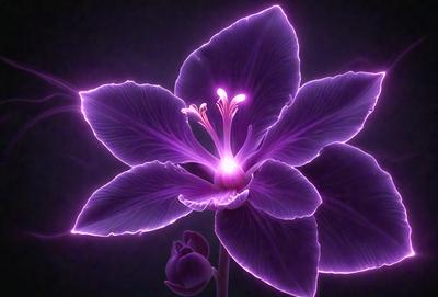 The primary subject of the image is a purple flower with a bright yellow center. The flower is located in a dark environment, possibly a nighttime setting. The visual style of the image is a combination of photo and digital art, creating a unique and eye-catching display. The dominant colors in the image are purple and yellow, which create a striking contrast against the dark background. The overall atmosphere of the image is one of beauty and elegance, as the purple flower stands out against the night sky.