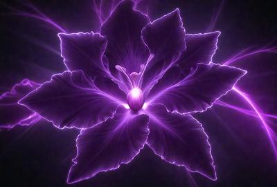 The primary subject of the image is a purple flower with a pink center, which is the focal point of the scene. The setting is a dark background, which adds to the overall mood of the image. The visual style is a combination of photo and digital art, creating a unique and eye-catching representation of the flower. The dominant colors are purple and pink, which evoke a sense of calmness and beauty.