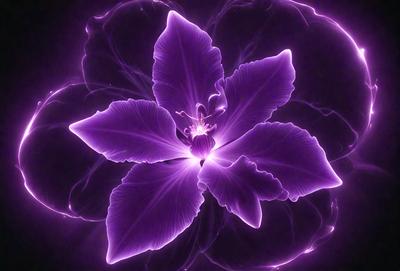 Purple flower with purple petals and a purple center. The flower is surrounded by purple lightning bolts. The background is purple. The visual style is digital art. The colors and mood are purple and dramatic.