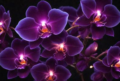 The primary subject of the image is a bouquet of purple orchids. The setting is a dark room, and the visual style appears to be a photo. The orchids are the main focus of the image, and their purple color creates a calm and serene atmosphere.
