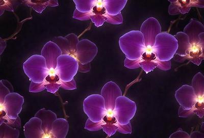 The primary subject of the image is a group of purple orchids. They are arranged in a pattern, with some of the flowers appearing to be lit up. The setting is a dark background, which contrasts with the vibrant purple flowers. The visual style is a close-up of the flowers, showcasing their details and beauty. The colors and mood of the image are predominantly purple, creating a sense of elegance and sophistication.
