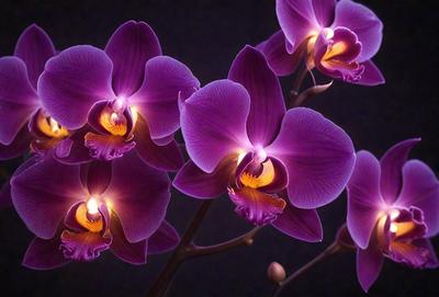 The primary subject of the image is a bouquet of purple orchids. The orchids are arranged in a vase, creating a beautiful and elegant display. The setting is a dark room, which adds a dramatic and moody atmosphere to the scene. The visual style of the image is a close-up of the orchids, showcasing their intricate details and vibrant colors. The dominant colors in the image are purple and black, which contribute to the overall mood of the scene.