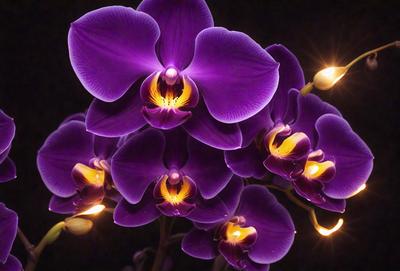 The primary subject of the image is a close-up of a purple orchid flower. The setting is a dark room, and the visual style appears to be a photo. The orchid is the main focus of the image, and its purple color and intricate details create a mood of elegance and beauty.