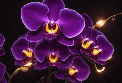 The primary subject of the image is a large bouquet of purple orchids. The setting is a dark room, and the visual style appears to be a close-up of the flowers. The colors and mood of the image are predominantly purple, creating a serene and elegant atmosphere.