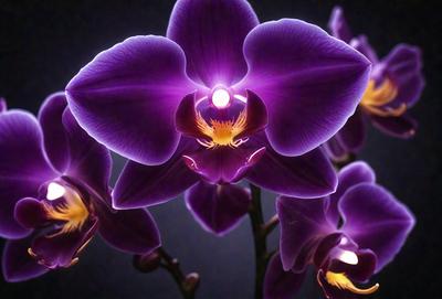 The primary subject of the image is a close-up of a purple orchid flower. The setting is a dark background, which highlights the vibrant color of the flower. The visual style is a photo, capturing the beauty of the orchid in detail. The dominant colors are purple and black, creating a dramatic and elegant atmosphere.