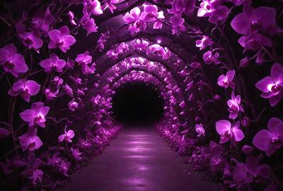 Purple orchids are the primary subject of the image, with a purple tunnel as the setting. The visual style is a photo, and the colors and mood are predominantly purple, creating a serene and elegant atmosphere.