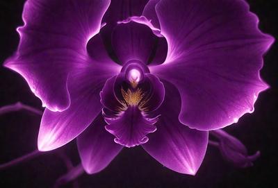 The primary subject of the image is a purple orchid flower. The setting is a dark background, which creates a dramatic and moody atmosphere. The visual style is a close-up of the flower, showcasing its intricate details. The dominant colors are purple and black, with the purple orchid standing out against the dark background.