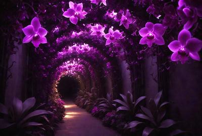 The primary subject of the image is a purple flower, which is the main focus of the scene. The setting is a purple tunnel with a purple light illuminating the area. The visual style of the image is a photo, capturing the purple flower in its natural environment. The colors and mood of the image are predominantly purple, creating a serene and calming atmosphere.