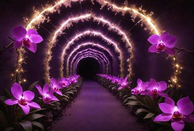 The primary subject of the image is a long, purple tunnel with a row of purple flowers lining the path. The tunnel appears to be a part of a larger structure, possibly a cave or an underground passage. The setting is a dark, enclosed space, and the visual style is a combination of photo and digital art. The dominant colors are purple and pink, creating a serene and calming atmosphere.