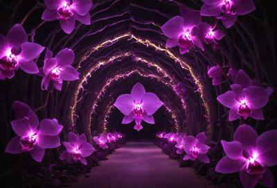 The primary subject of the image is a purple orchid flower. The setting is a dark, purple-lit tunnel, creating a dramatic and moody atmosphere. The visual style is a combination of a photo and digital art, with the purple lighting adding a surreal touch to the scene. The colors and mood of the image are predominantly purple, creating a sense of mystery and enchantment.
