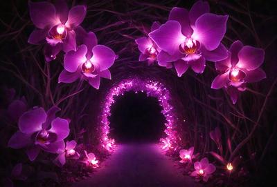 The primary subject of the image is a purple tunnel with a row of purple flowers lining the entrance. The tunnel appears to be a part of a larger structure, possibly a building or an art installation. The setting is a dark, enclosed space, which adds to the overall mood of the scene. The visual style of the image is a combination of photo and digital art, creating a unique and captivating atmosphere. The dominant colors in the image are purple and pink, which contribute to the overall mood and a